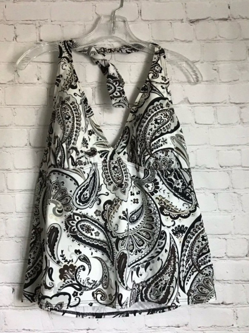 Lands' End Black & White Paisley Halter Tankini Top